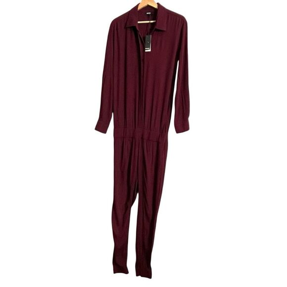 MONROW NWT Crepe Jumpsuit Women’s XS Bordeaux Long Sleeve Button Waist Work - Picture 2 of 12